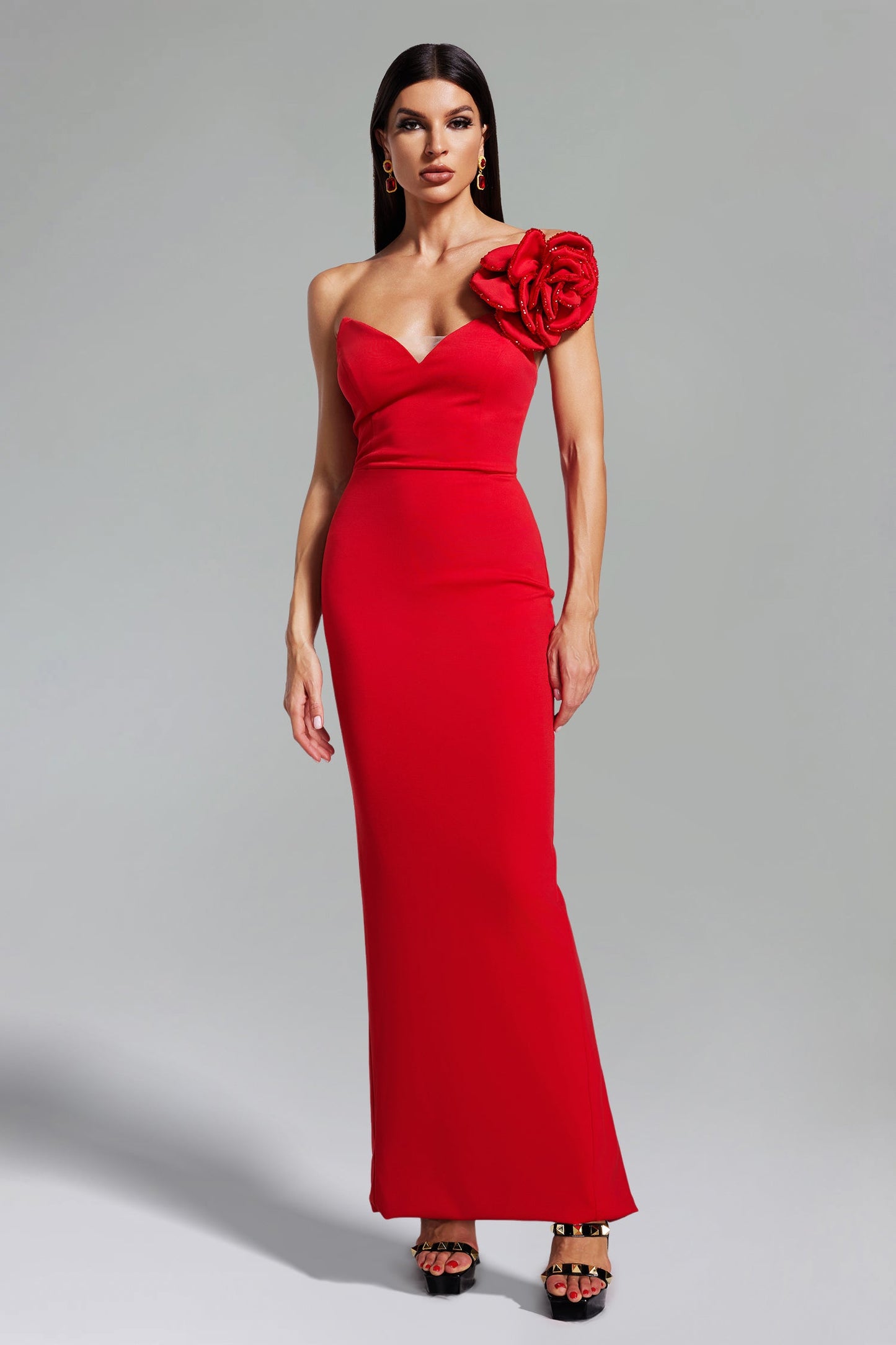 Molao Blumen-Maxikleid mit One-Shoulder-Träger – Rot