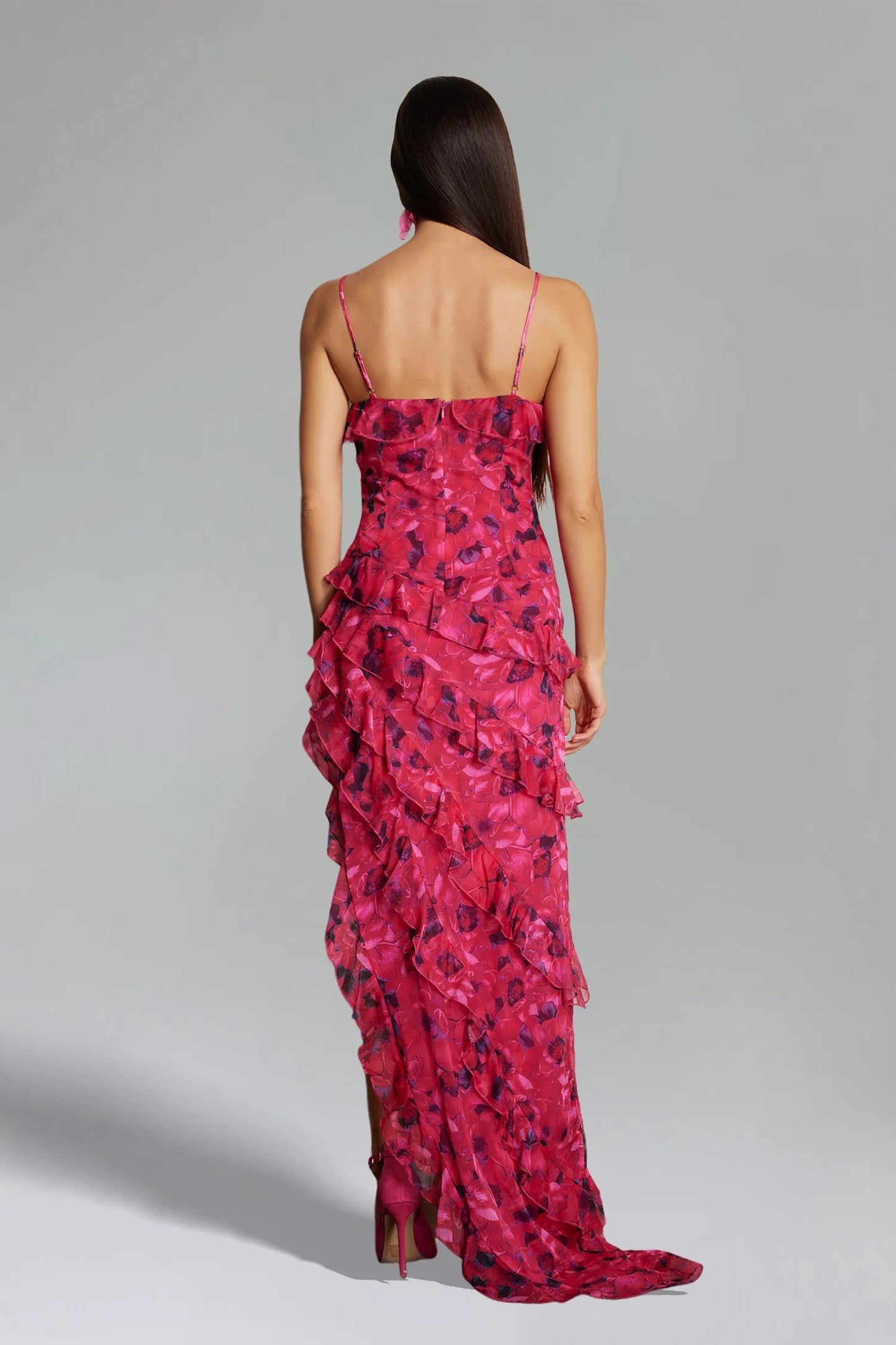 Pedra Rüschen-Maxikleid mit Blumenmuster – Rosa