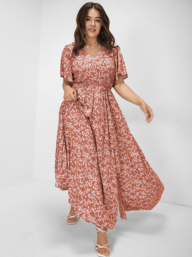 Bloom Dress - Flutter Sleeve Ditsy Floral Bag Split Maxi Dress