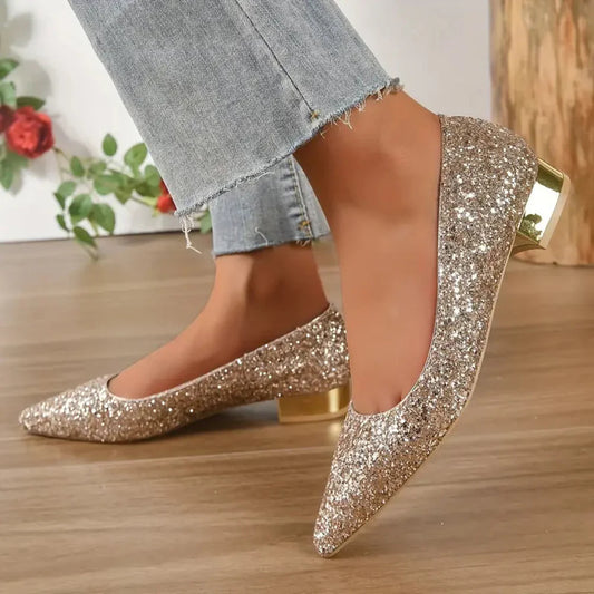 SPARKLING GLAMOUR SHOES WITH A BULKY HEEL