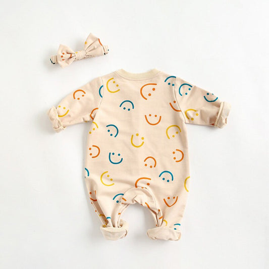 Mini Smile Cotton Jumpsuit With Headband