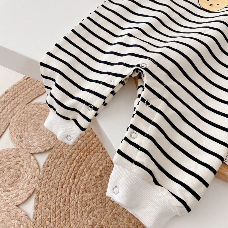 Bear Face Print Striped Romper