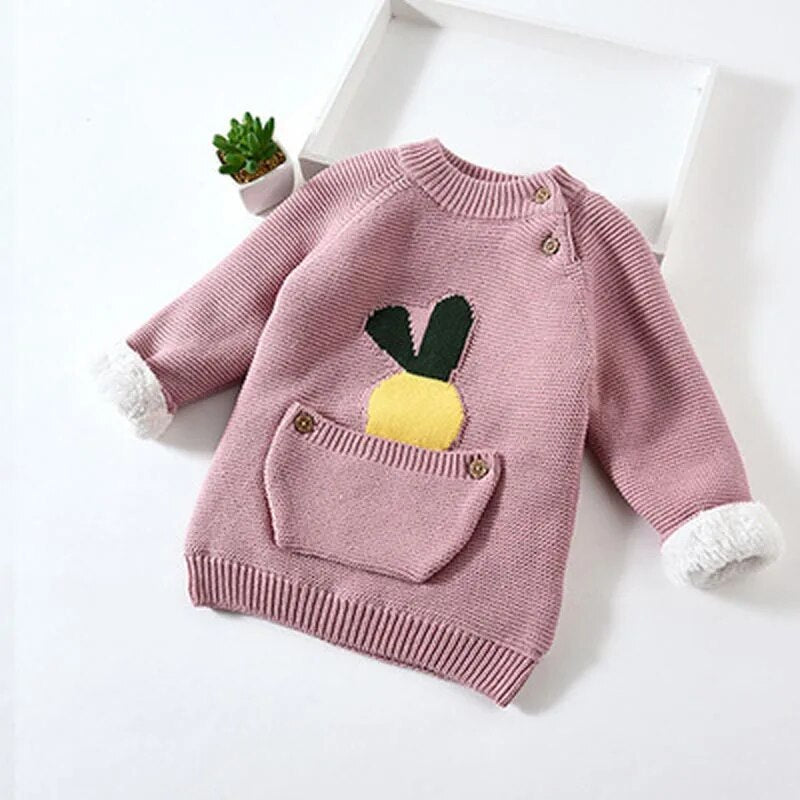 Fur Lining Embroidered Cartoon Pouch Sweater