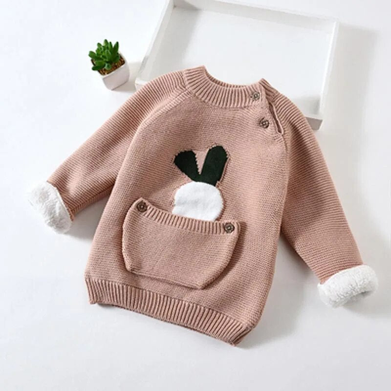 Fur Lining Embroidered Cartoon Pouch Sweater