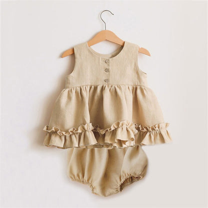 Soft Linen Cotton Baby Girl Ruffle Top Set