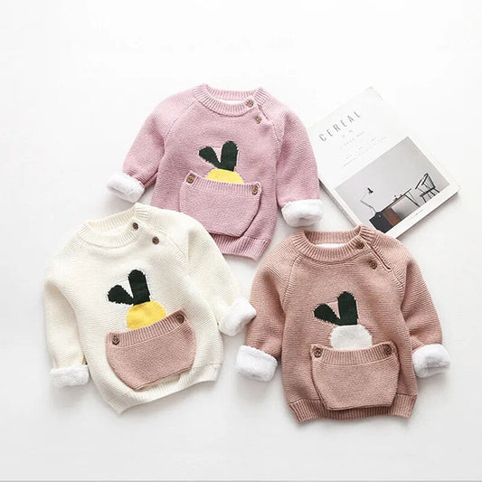 Fur Lining Embroidered Cartoon Pouch Sweater