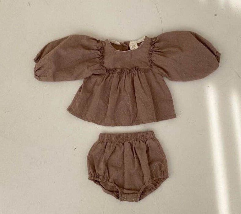 Balloon Sleeve Linen Bloomers Set