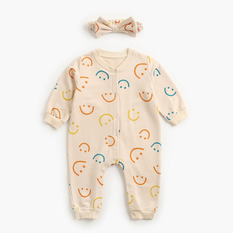 Mini Smile Cotton Jumpsuit With Headband