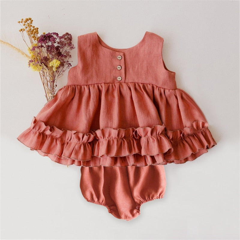 Soft Linen Cotton Baby Girl Ruffle Top Set