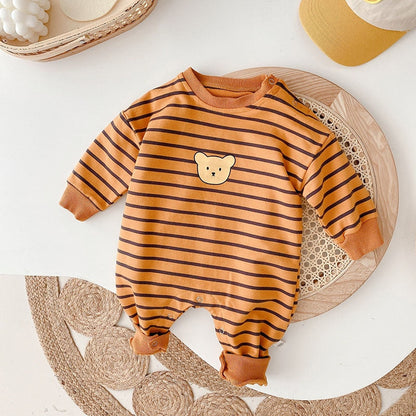 Bear Face Print Striped Romper