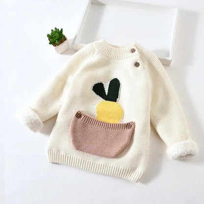 Fur Lining Embroidered Cartoon Pouch Sweater