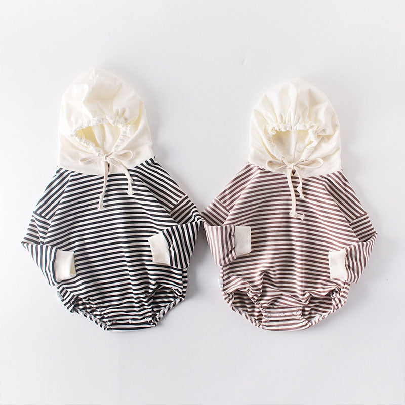 Girls Stripes Long Sleeve Hooded Romper