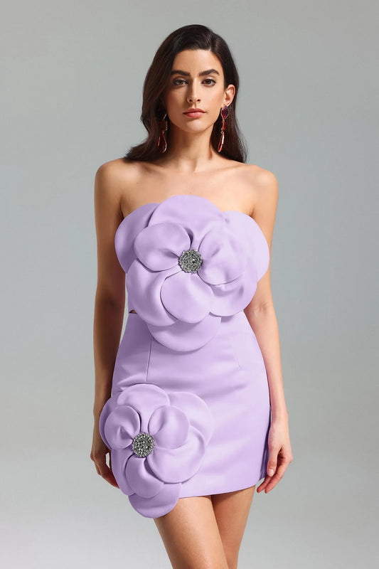 Lila Blumme Strapless Mini Kleid