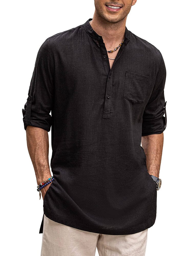 Linen Henley Long Sleeve Shirts with Pocket (US Only)