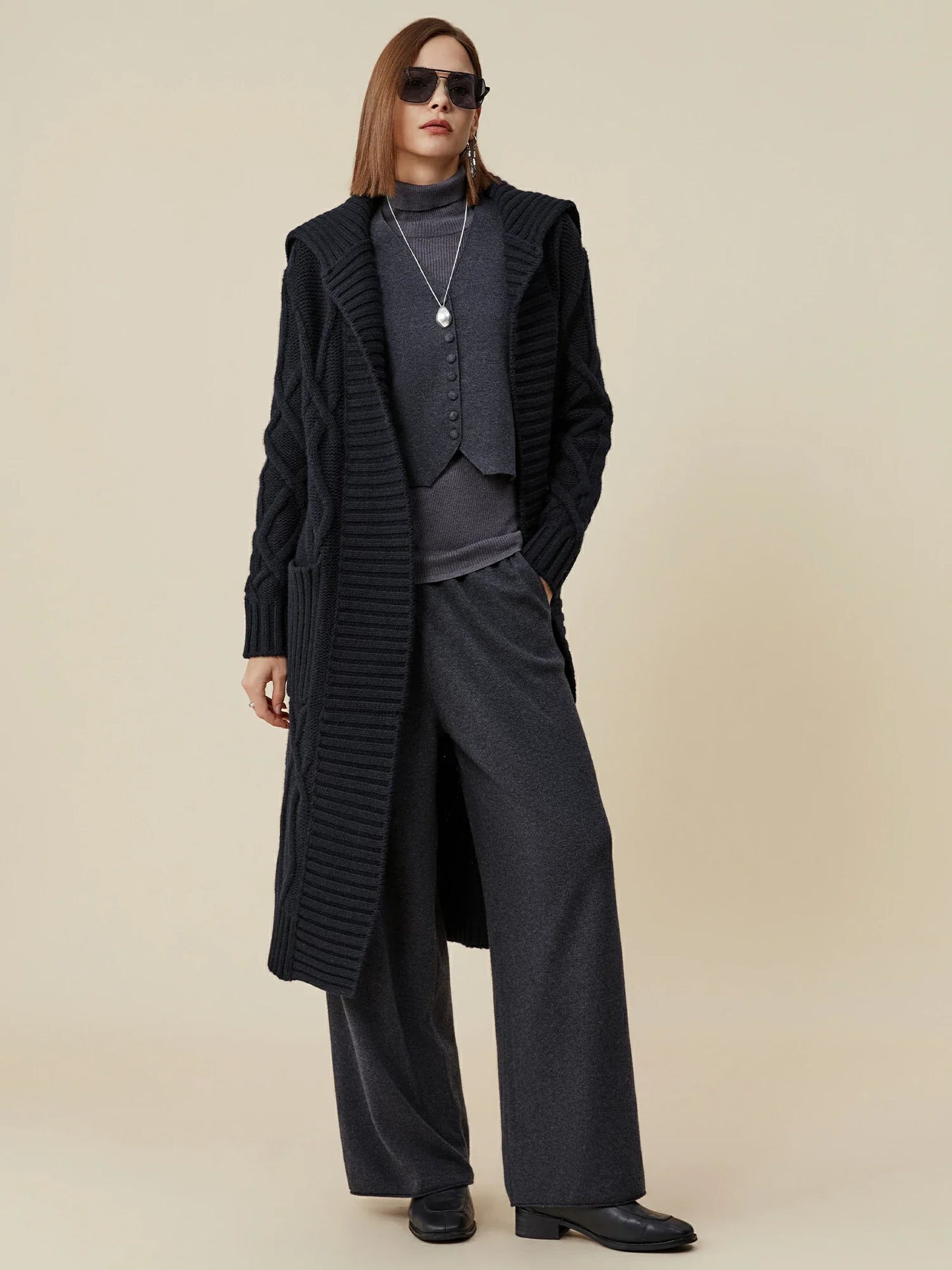 Amoretu 64% Wool Lapel Long Sleeve Knit Long Coat