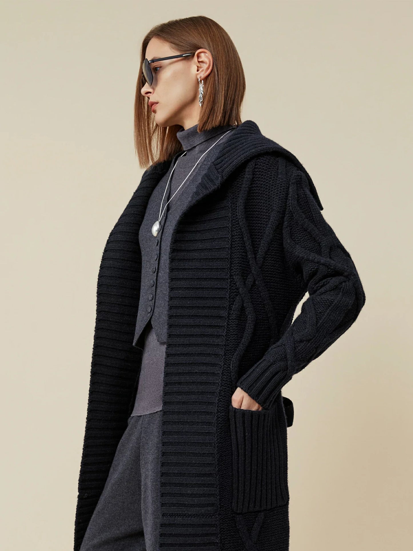 Amoretu 64% Wool Lapel Long Sleeve Knit Long Coat