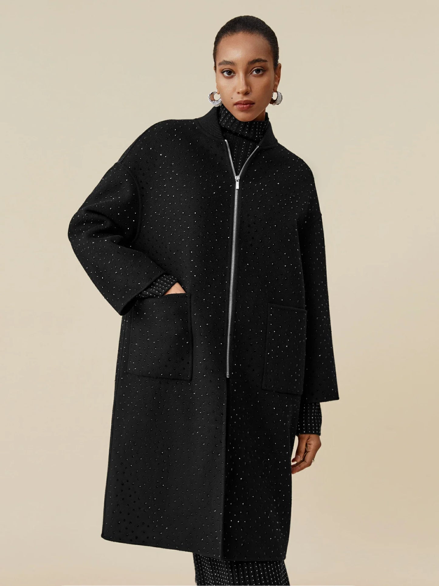 Amoretu 100% Wool Baseball Collar Rhinestone Zipper Long Coat