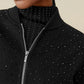 Amoretu 100% Wool Baseball Collar Rhinestone Zipper Long Coat