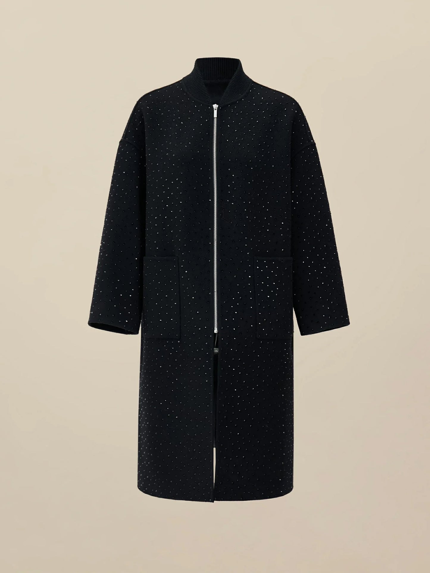 Amoretu 100% Wool Baseball Collar Rhinestone Zipper Long Coat