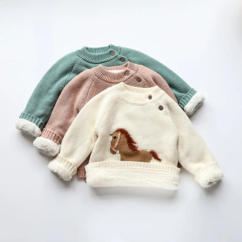 Fur Lining Embroidery Horse Sweater