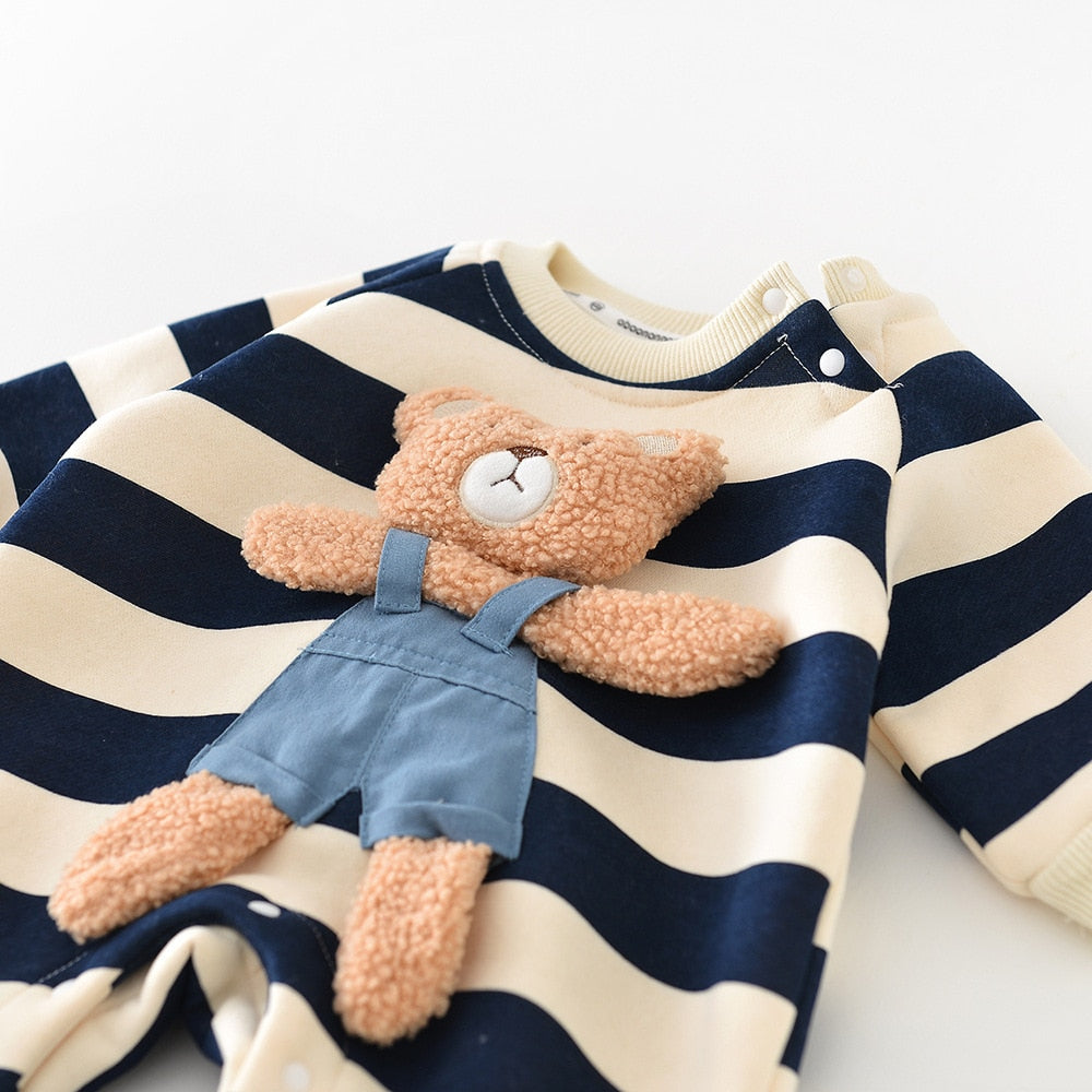 Long Sleeve Teddy Bear Striped Jumpsuit