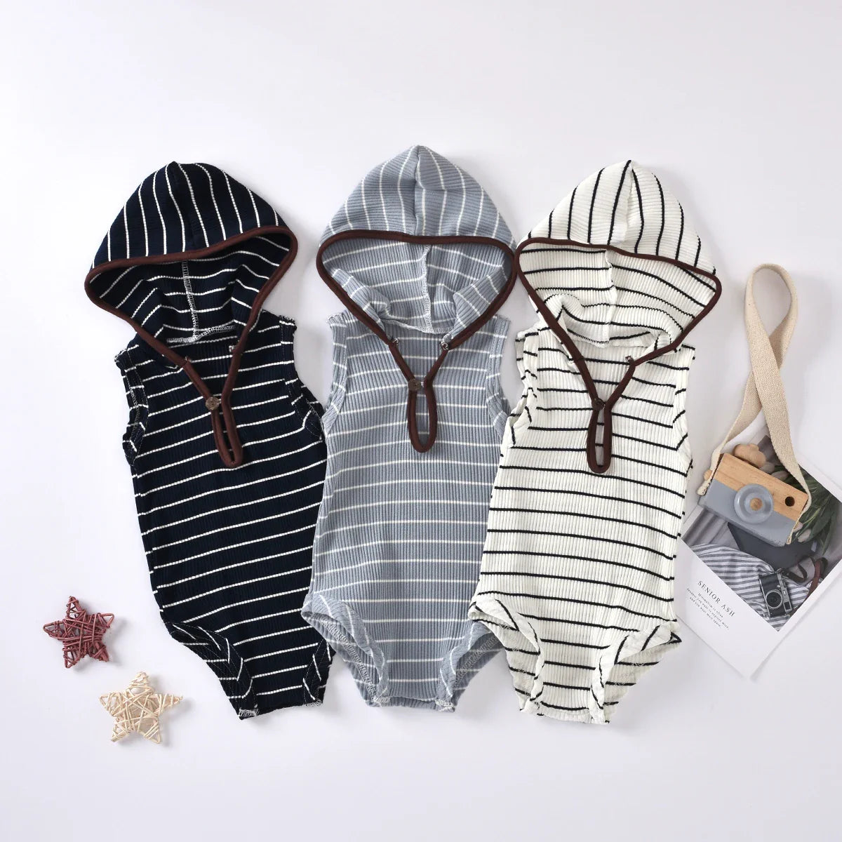 Sleeveless Striped Hooded Bodysuit