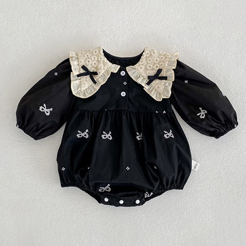 Ribbon Long Sleeve Embroidery Bodysuits