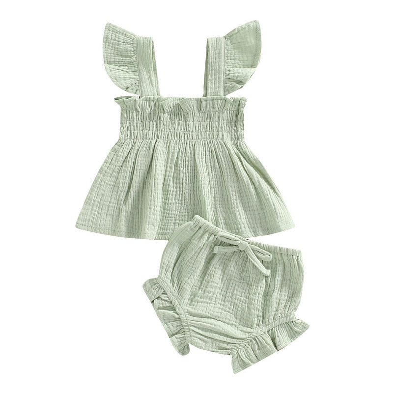 Solid Cotton Square Neck Fly Sleeve Romper Set