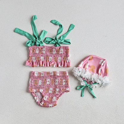 Baby Girls Floral Bandage Swimsuit With Hat