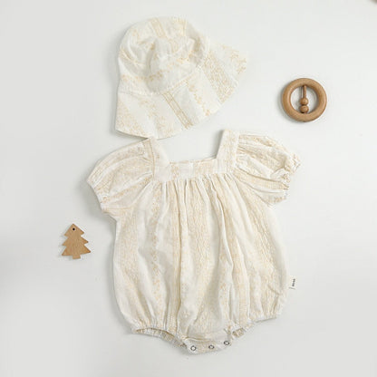 Embroidery Cotton Romper with Hat Set