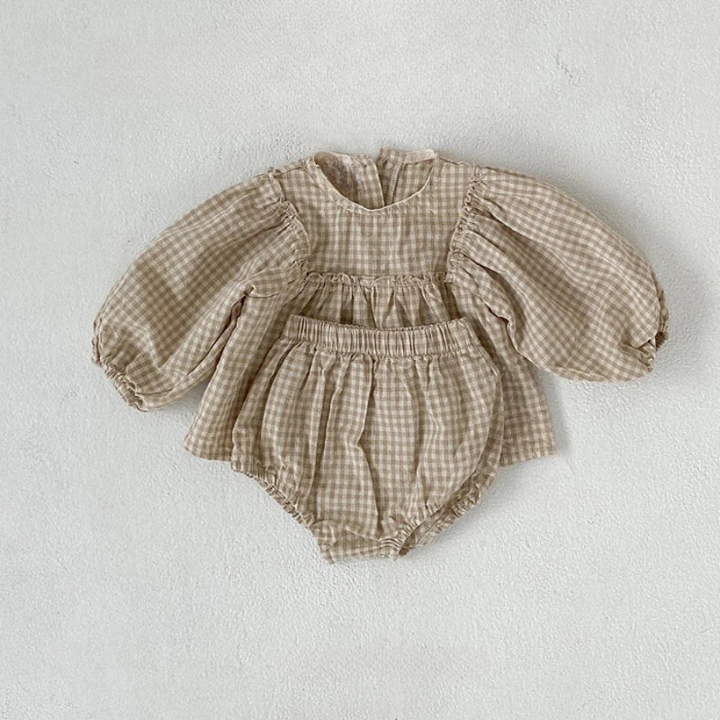 Plaid Balloon Sleeve Linen Bloomer Set