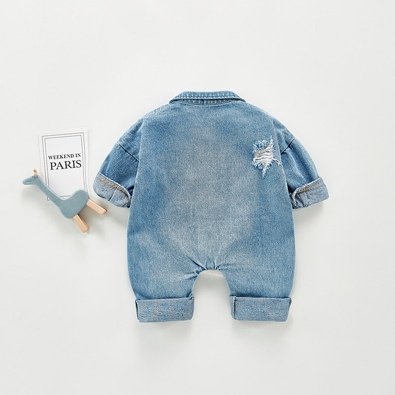 Long Sleeve Distress Denim Jumpsuit