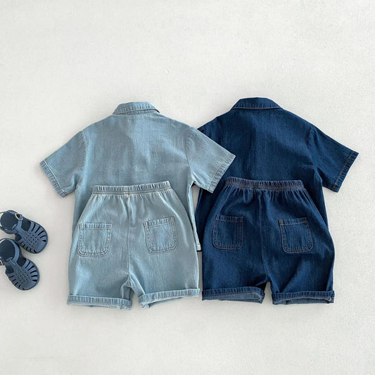 Solid Button Up Denim Shorts Set