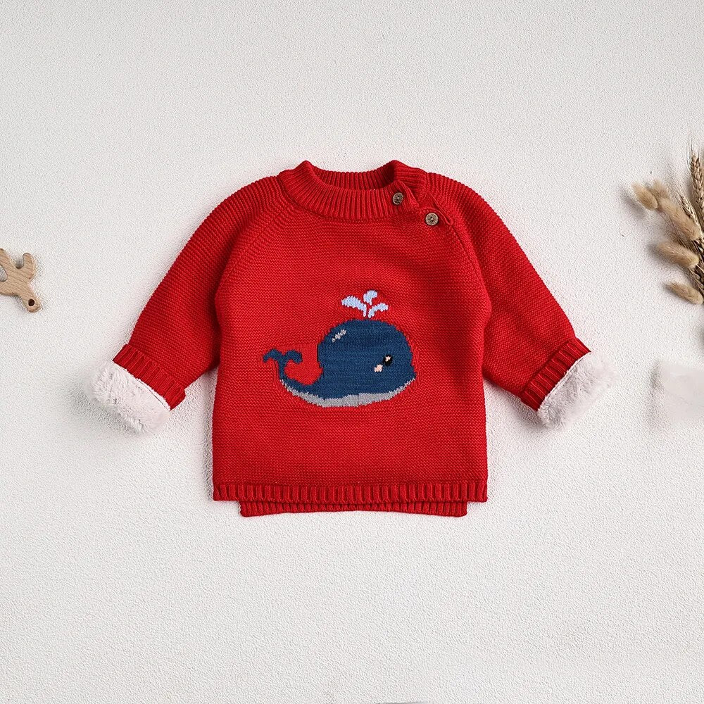 Fur Lining Embroidered Whale Sweater