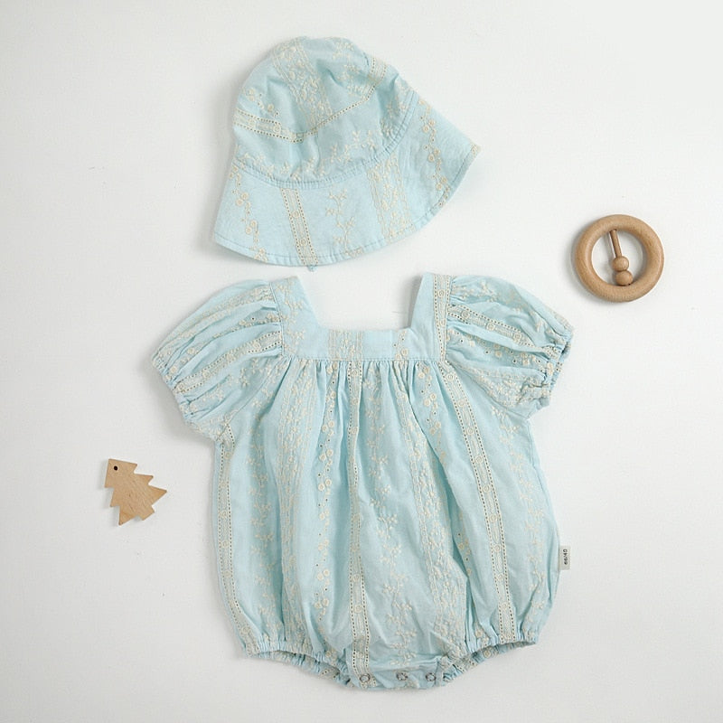 Embroidery Cotton Romper with Hat Set