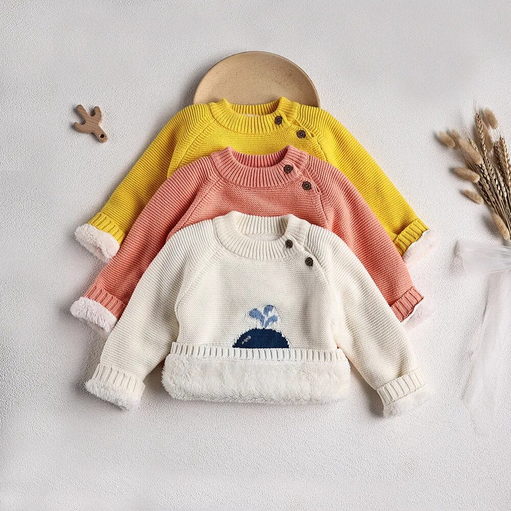 Fur Lining Embroidered Whale Sweater