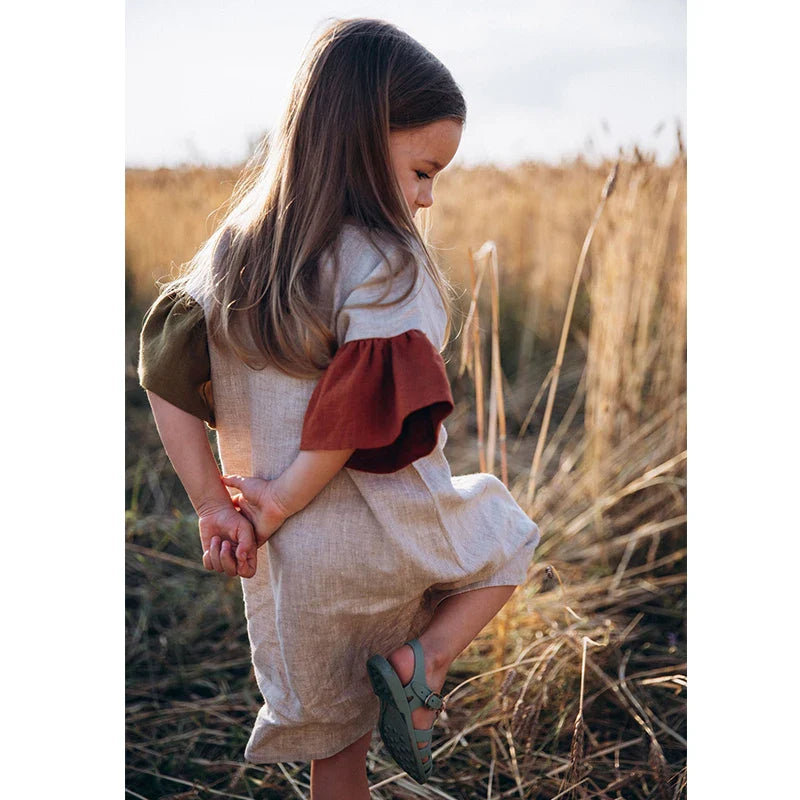 Colorblock Flare Sleeve Linen Dress