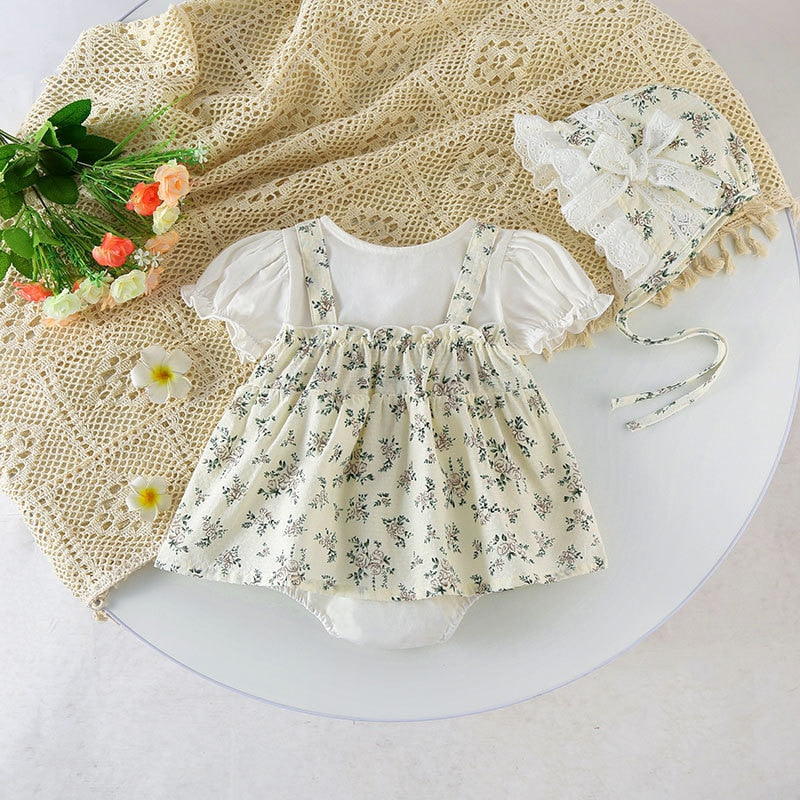 3 Pcs Floral Vintage Romper With Hat Set