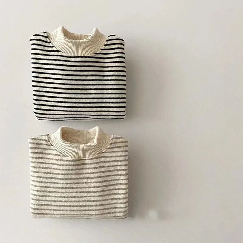 Stripe Fleece Lining Turtleneck Sweater