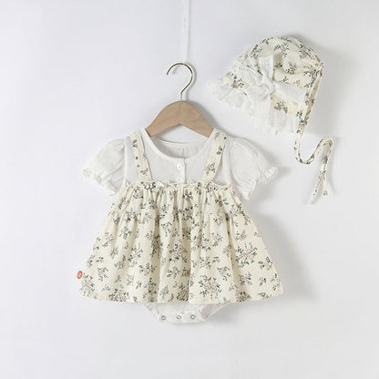 3 Pcs Floral Vintage Romper With Hat Set