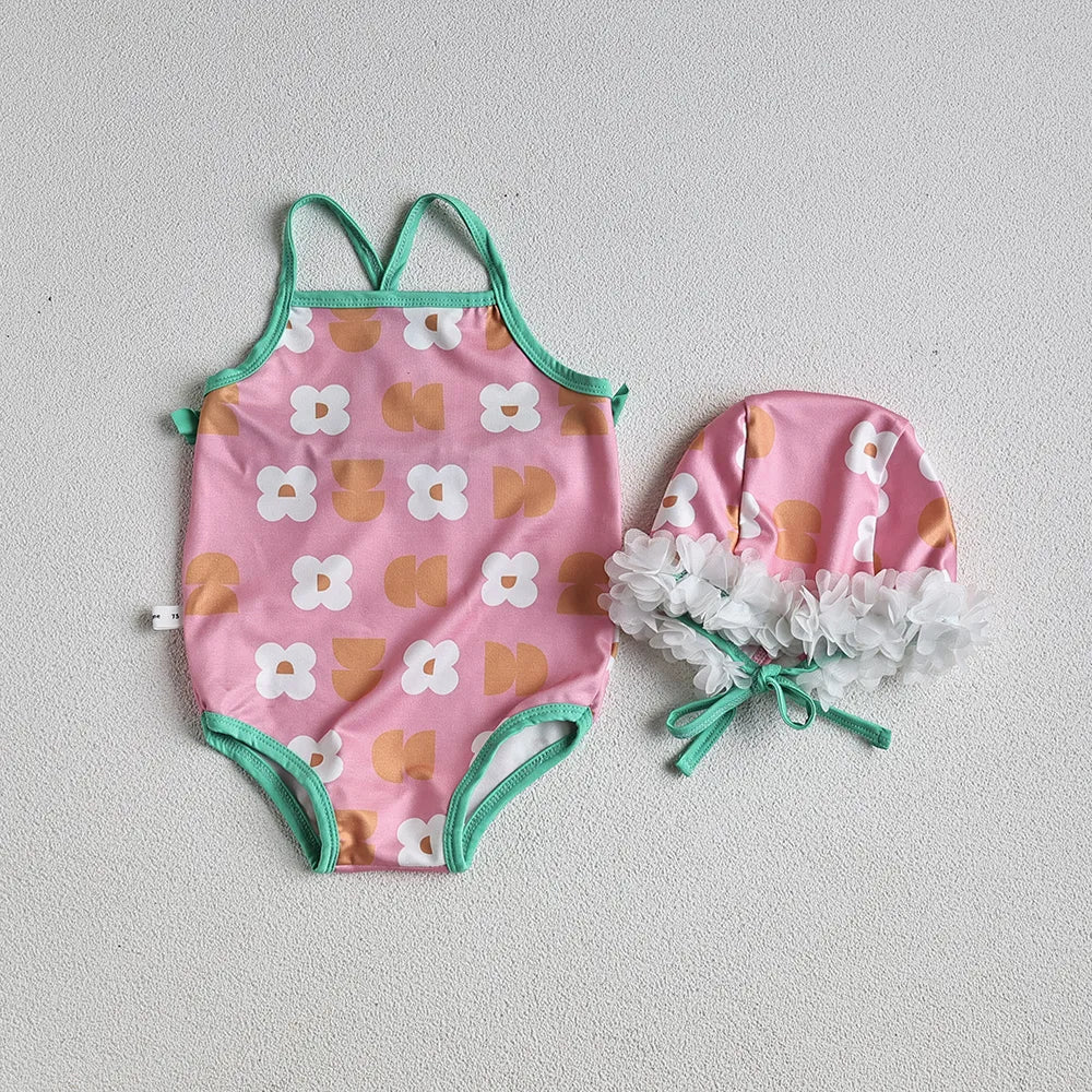 Baby Girls Floral Bandage Swimsuit With Hat