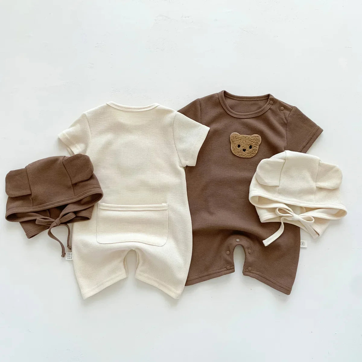 Waffle Bear Patch Jumpsuit Set