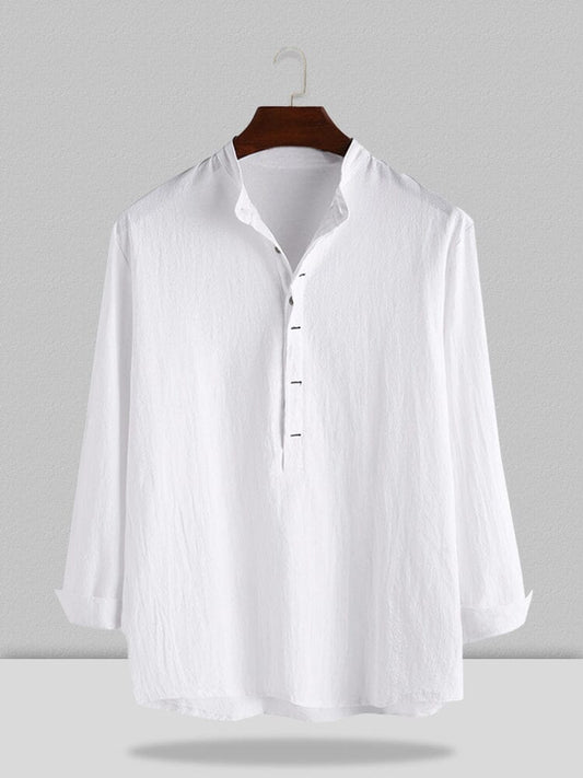 Stand Collar Cotton Linen Style Long Sleeve Shirt