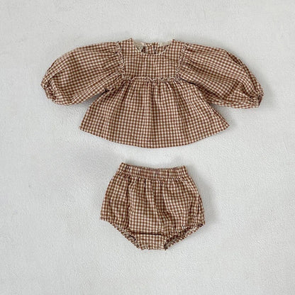 Plaid Balloon Sleeve Linen Bloomer Set