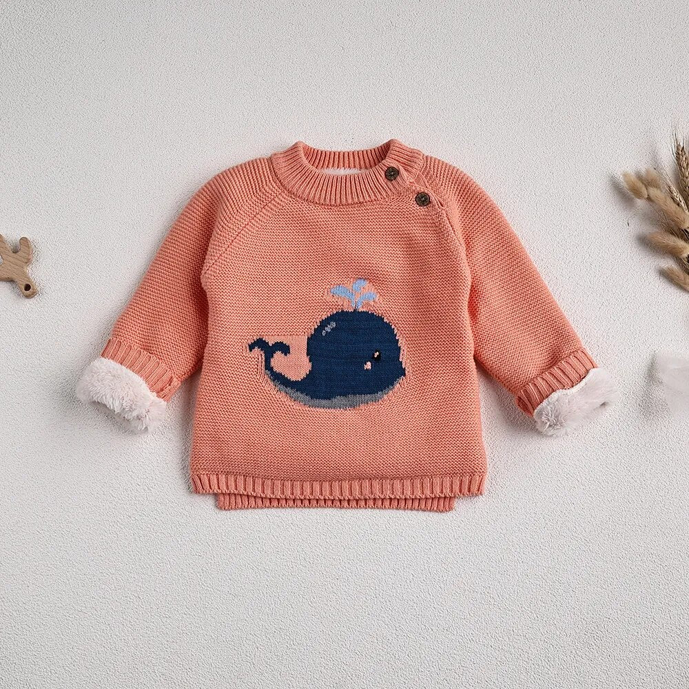 Fur Lining Embroidered Whale Sweater