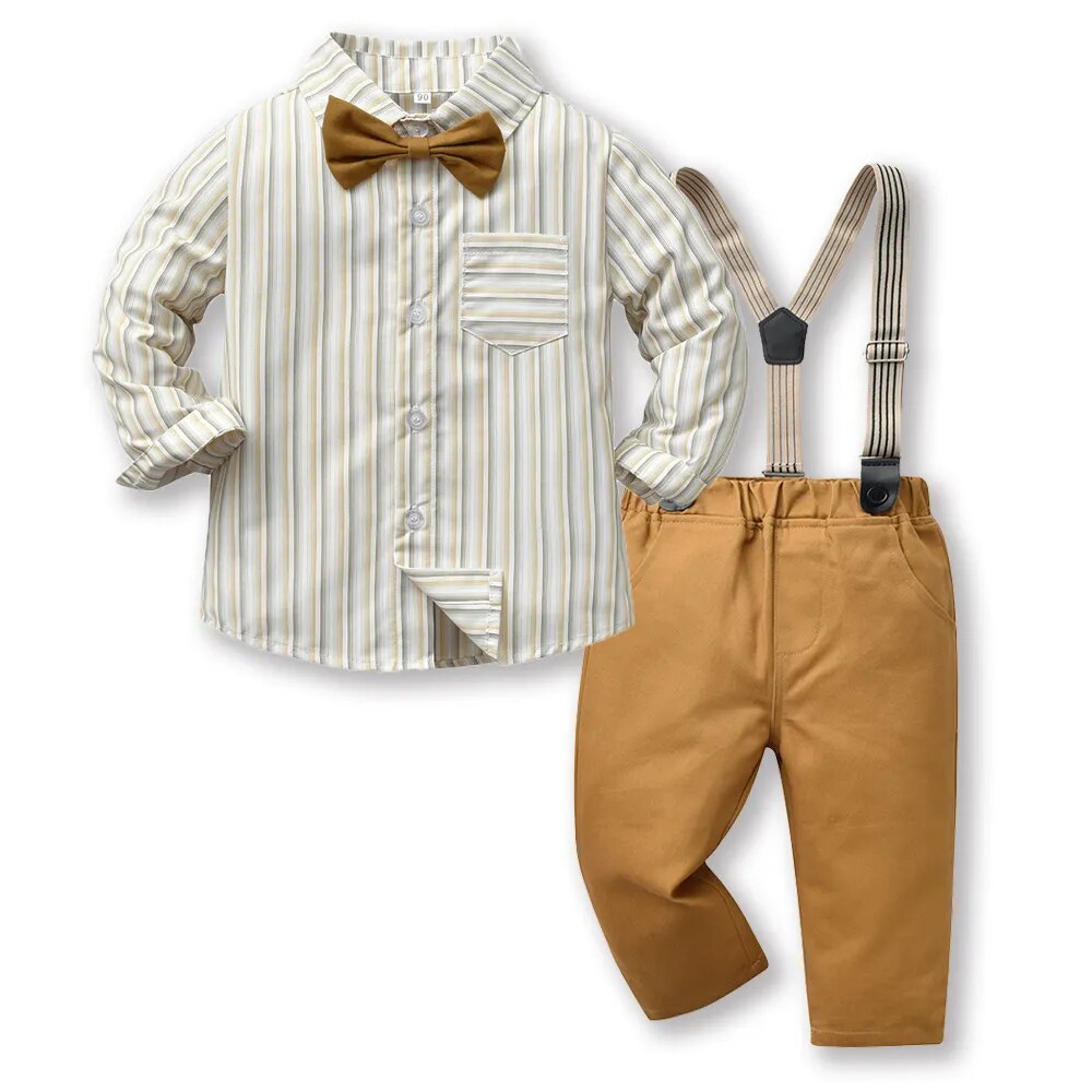 Long Sleeve Bow Tie Suspender Pants Set