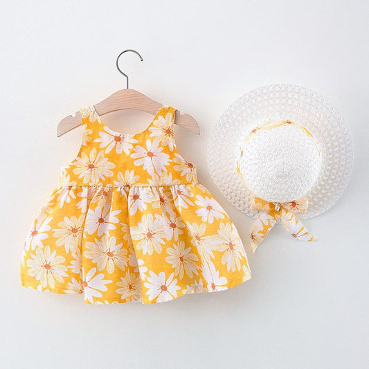 Girls Daisy Dress With Hat Set