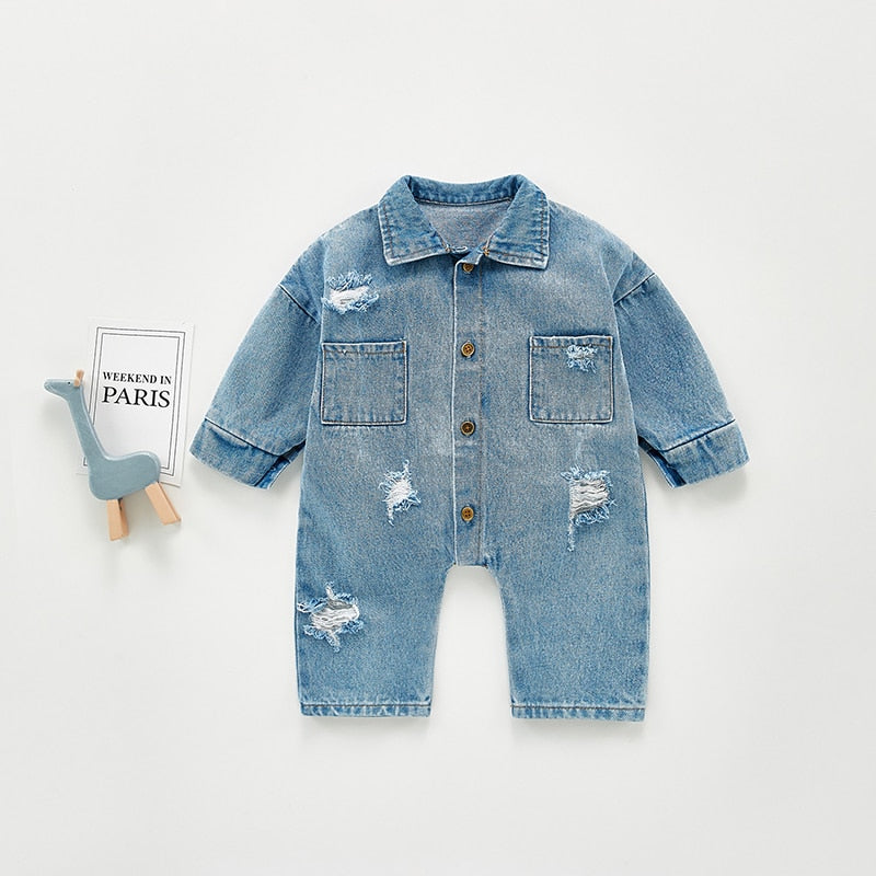 Long Sleeve Distress Denim Jumpsuit