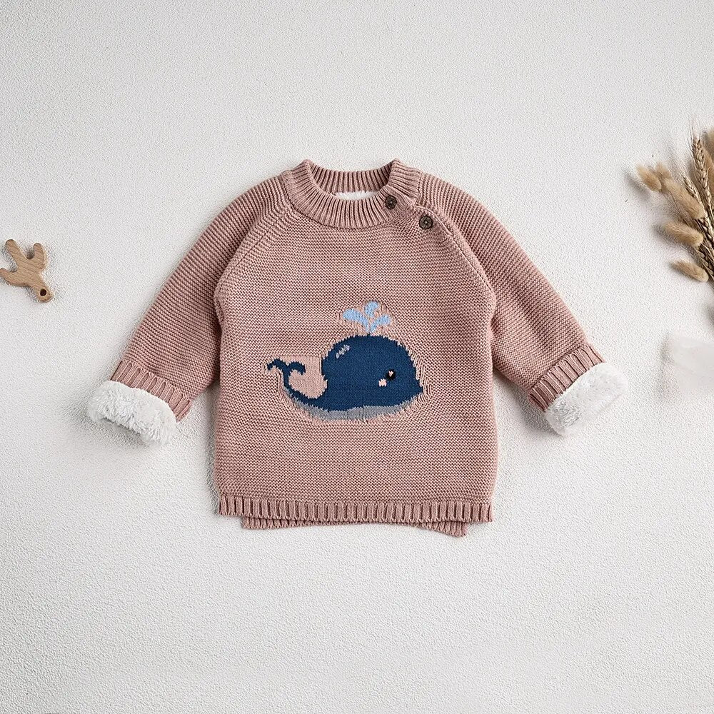 Fur Lining Embroidered Whale Sweater