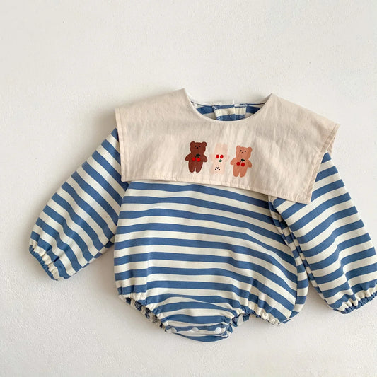 Striped Sailor Collar Bear Romper